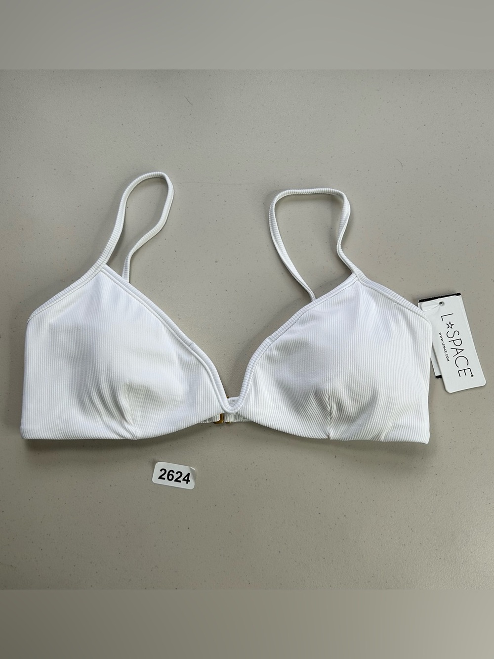 L*SPACE Helena Bikini Top XL White Ribbed Gold V Wire Swimwear Bachelorette NWT